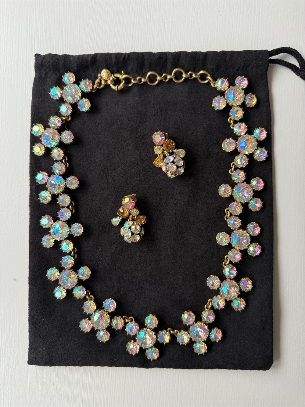 RARE Vintage JCrew Brûlée Crystal Flower Cluster Necklace & Earring set w/pouch